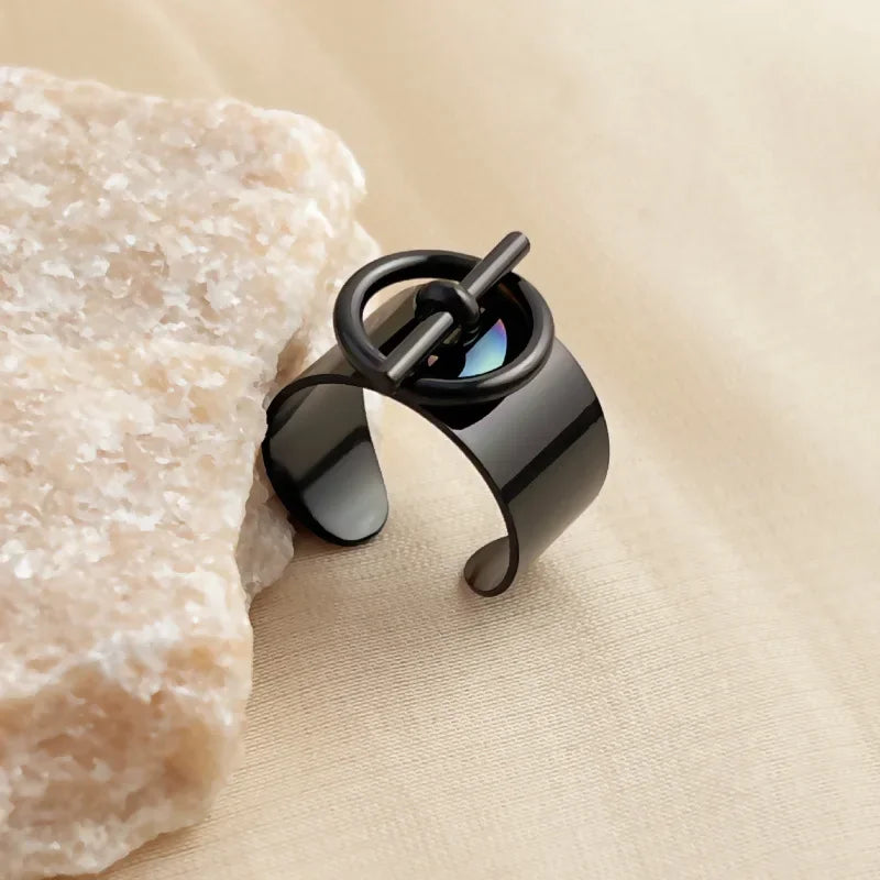 OT Buckle Ring for Women Geometric Chain Stainless Steel Wide Finger Rings Opening Adjustable Hip Hop Jewelry Party Girls Gifts
