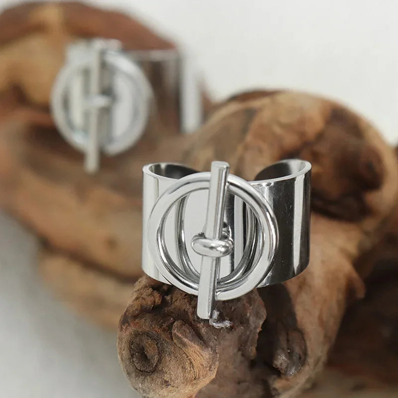 OT Buckle Ring for Women Geometric Chain Stainless Steel Wide Finger Rings Opening Adjustable Hip Hop Jewelry Party Girls Gifts