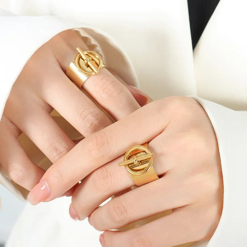 OT Buckle Ring for Women Geometric Chain Stainless Steel Wide Finger Rings Opening Adjustable Hip Hop Jewelry Party Girls Gifts