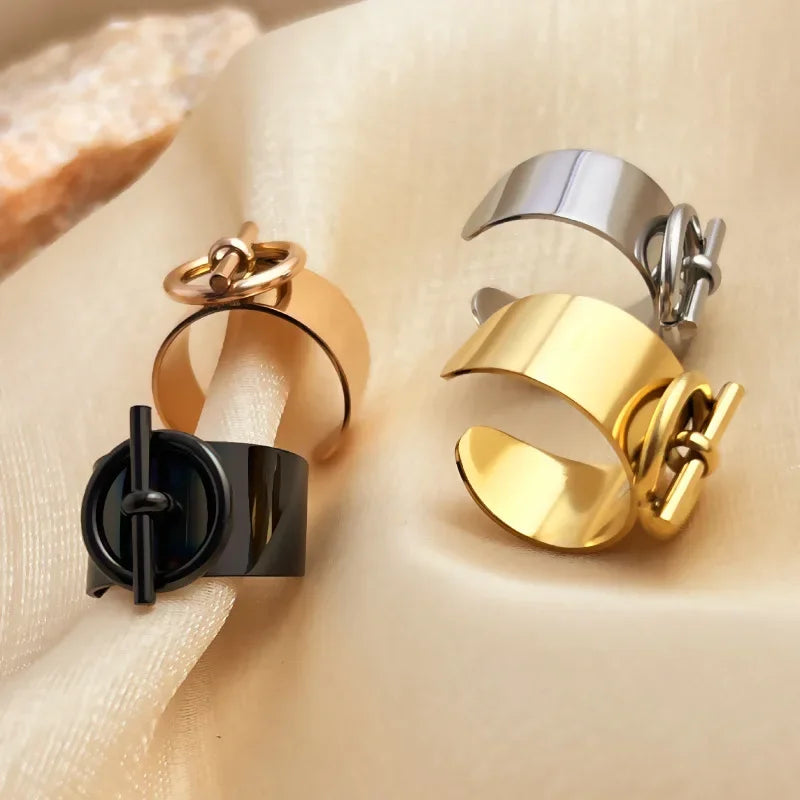 OT Buckle Ring for Women Geometric Chain Stainless Steel Wide Finger Rings Opening Adjustable Hip Hop Jewelry Party Girls Gifts