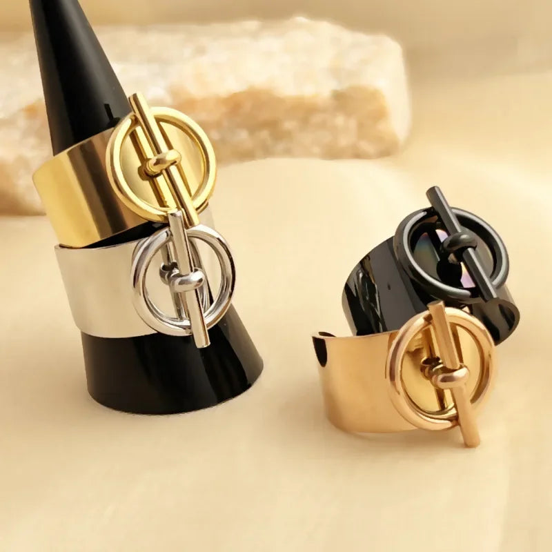 OT Buckle Ring for Women Geometric Chain Stainless Steel Wide Finger Rings Opening Adjustable Hip Hop Jewelry Party Girls Gifts